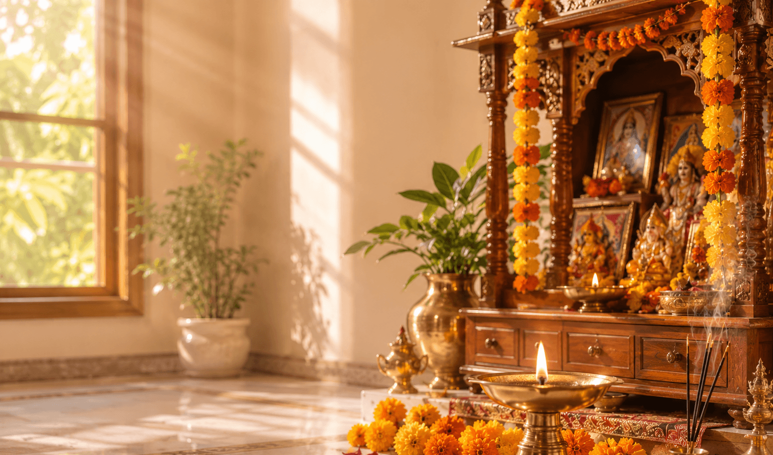 Traditional temple ritual illuminated by warm lamps